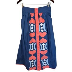 New Beau & Ro Navy Hearts Prairie Skirt Sz XS pockets CottageCore Midi Boho‎ NWT
